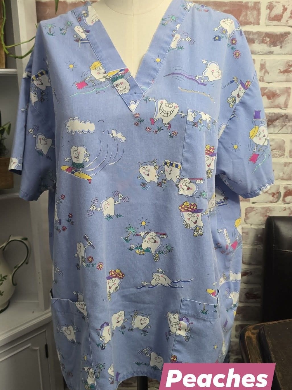 Peaches Uniforms Light Blue Printed Medical Top Sz XL